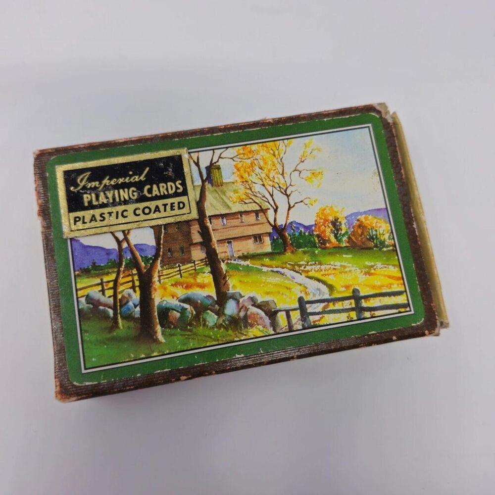Vintage Playtime Plastic Coated Playing Cards USA Cottage Art Deck + 2 Jokers